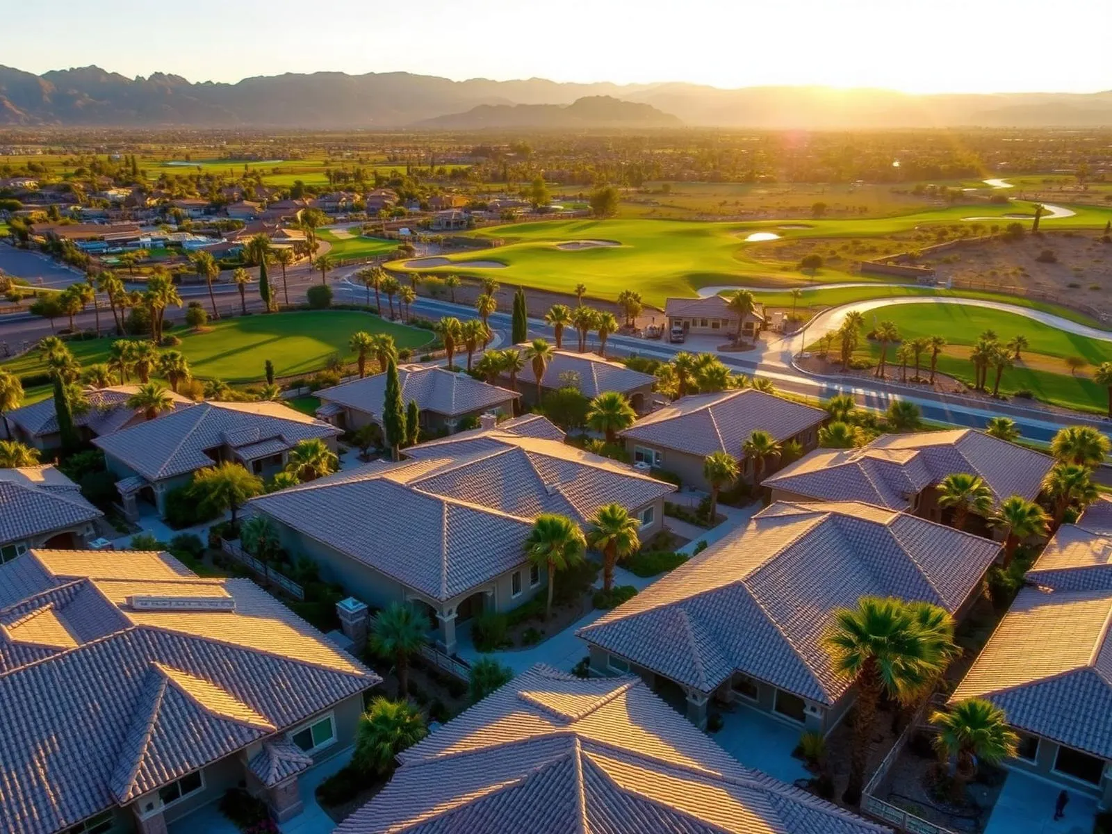 Henderson, Nevada luxury homes along a golf course with the Las Vegas Valley beyond