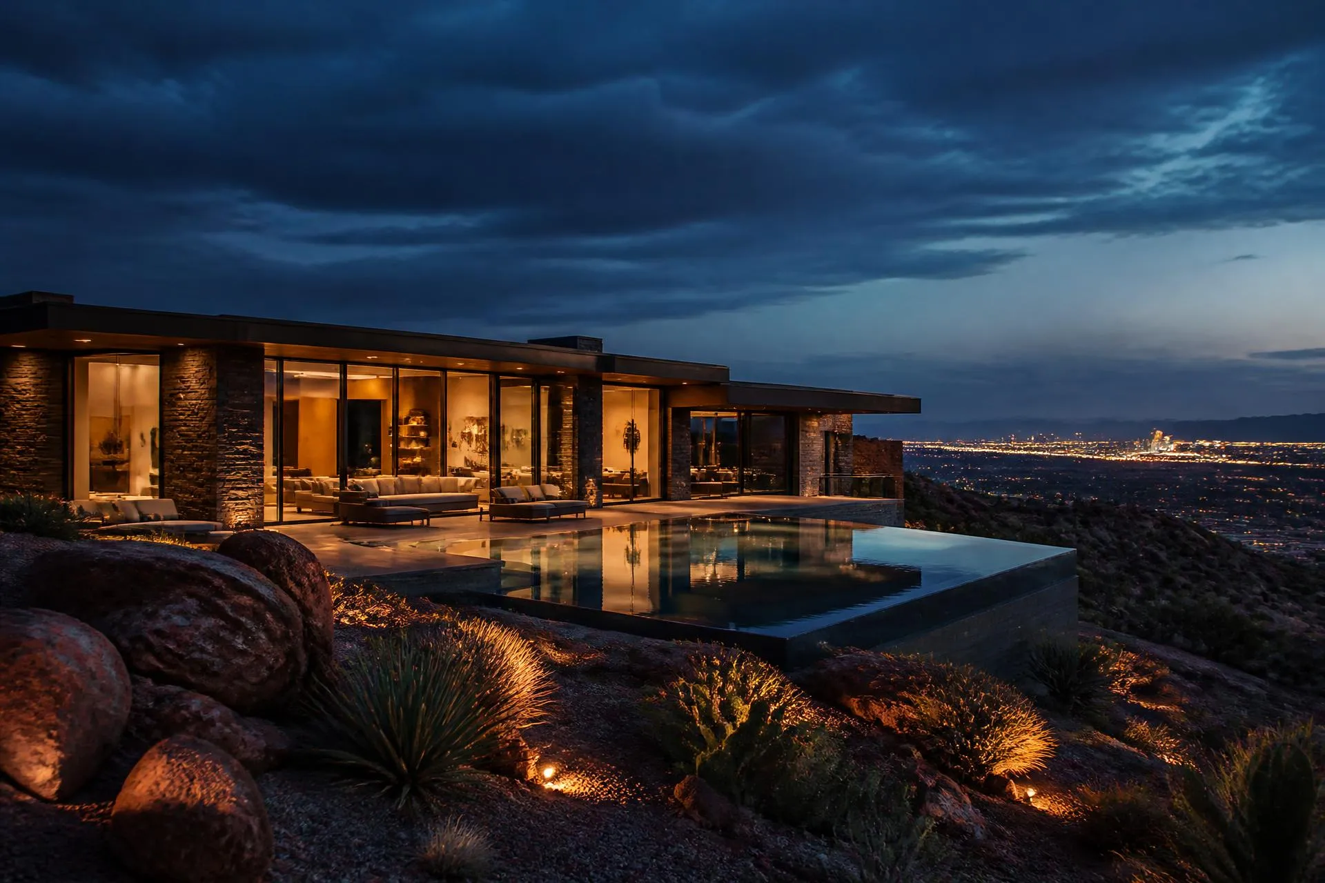 Luxury Las Vegas hillside home at dusk overlooking the valley lights