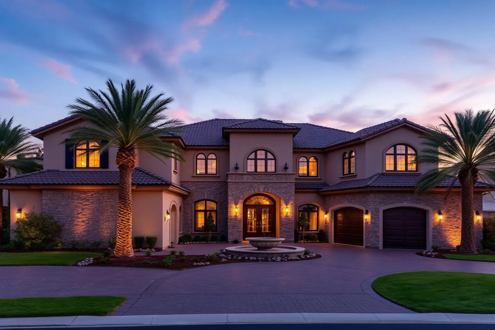 Las Vegas luxury estate with lit entry at twilight